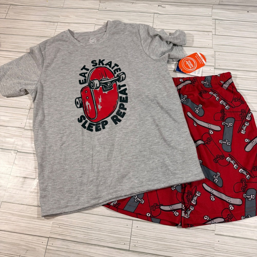 Wonder Nation Boys Skateboard Pajama Set Gray Red Eat Skate Sleep Repeat New